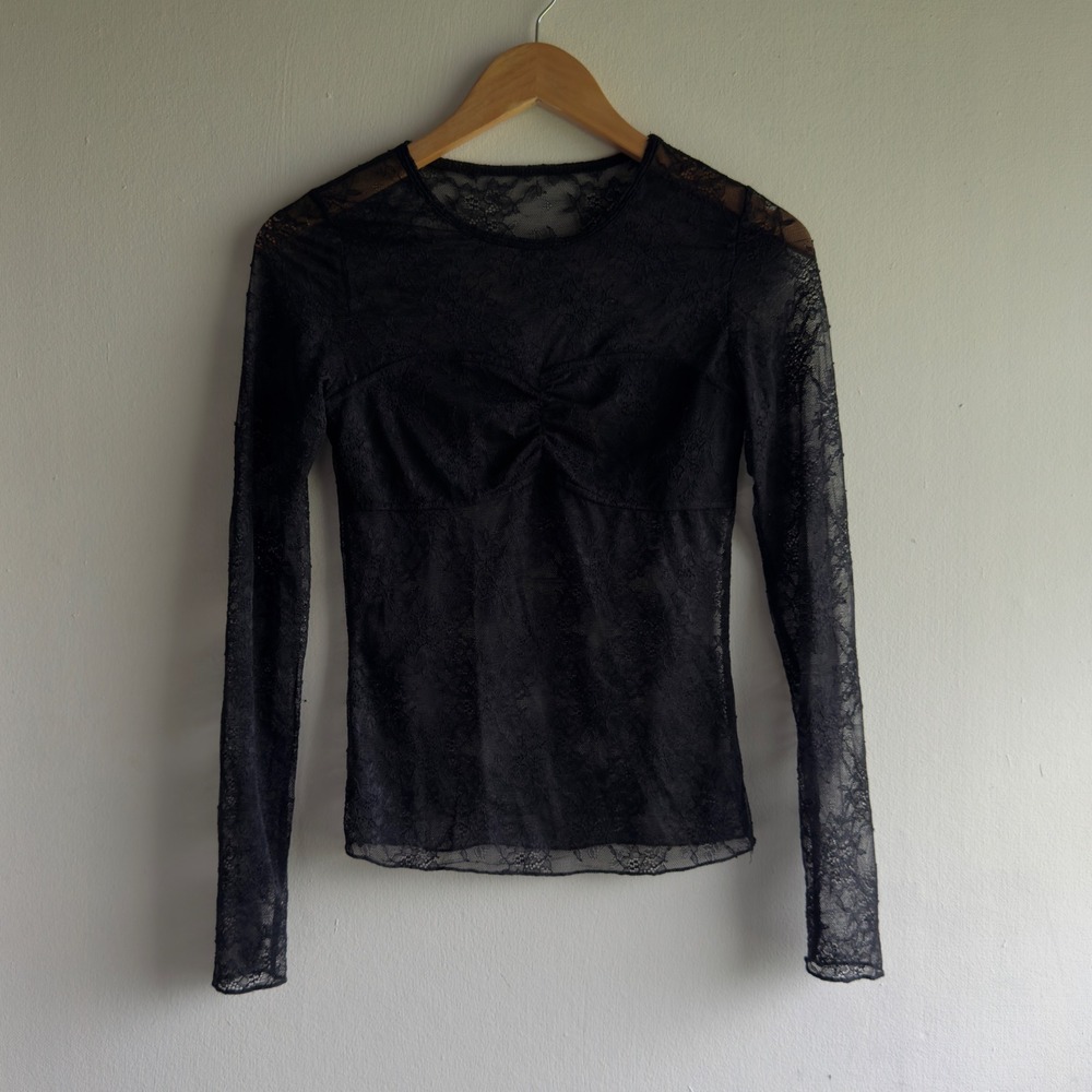 Y2K Black Lace Long Sleeve Top Women Small Sheer Ruched